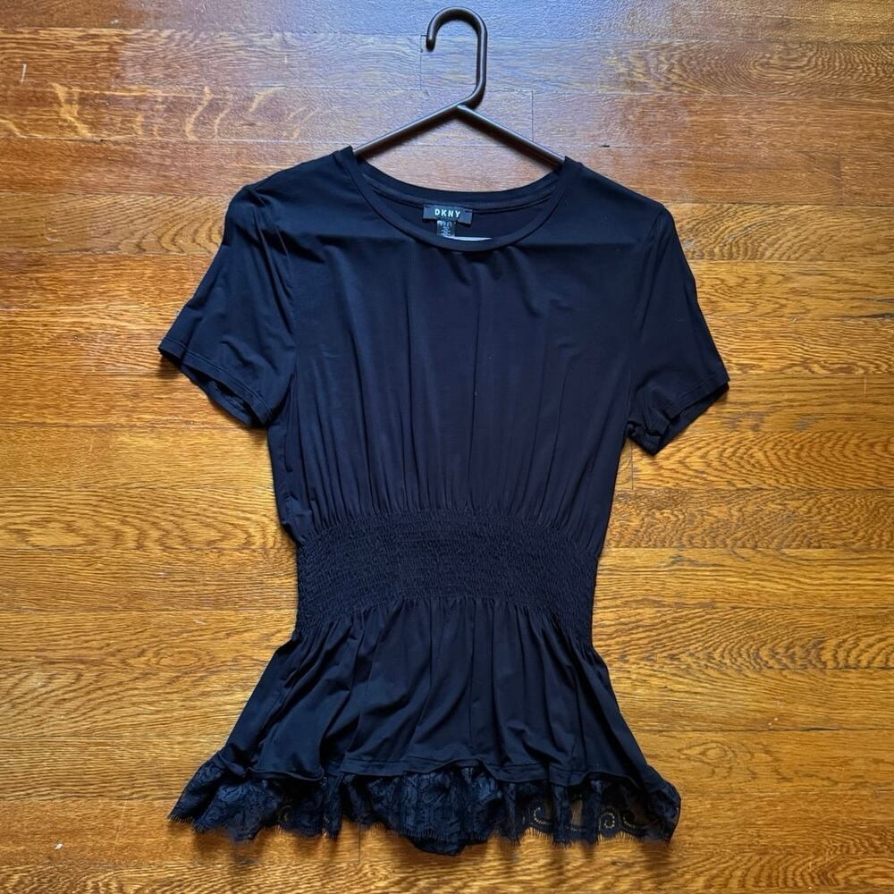 DKNY Sheer Cinch Waist Black Blouse